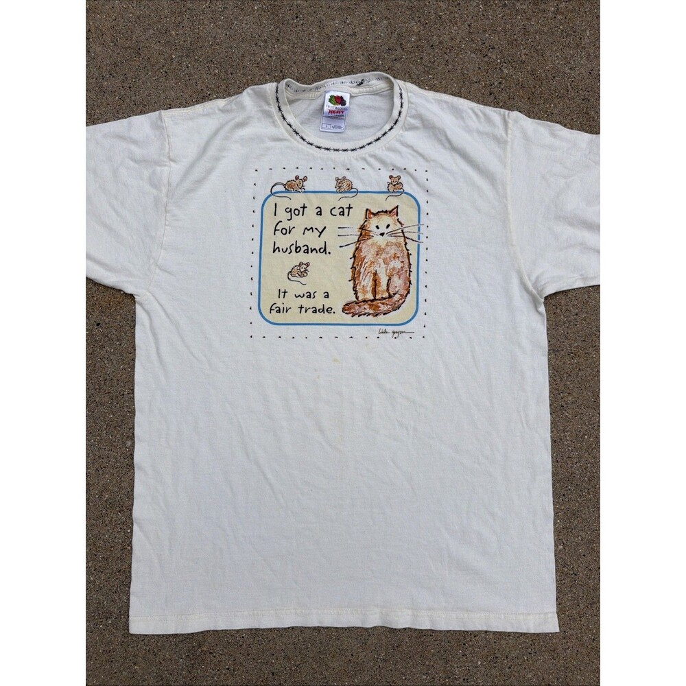 Vintage Fruit Of The Loom I Got A Cat For My Husband Funny Humor White L Shirt